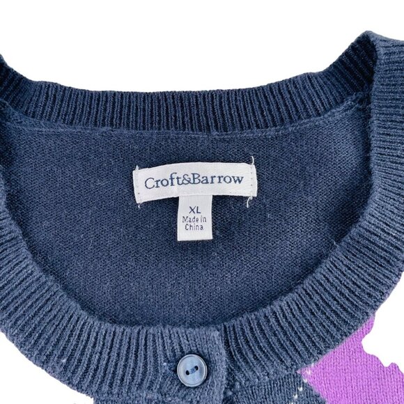 Croft & Barrow Argyle Print Cardigan Sweater XL Cotton & Acrylic Blend Navy Blue - Picture 2 of 5